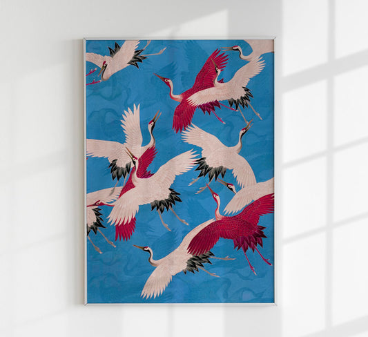 Pink Cranes in Blue Kimono Poster