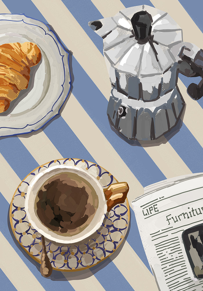 Coffee, Bialeti and Croissant Art Poster