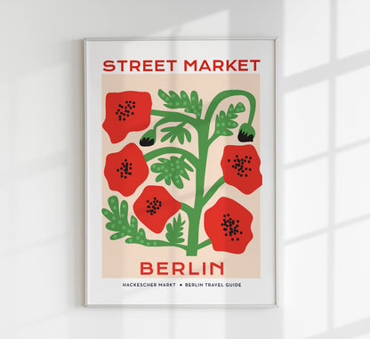 Berlin Street Market Red Flowers Graphic Art Poster