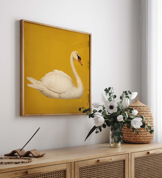 White Swan in Yellow Squared Print
