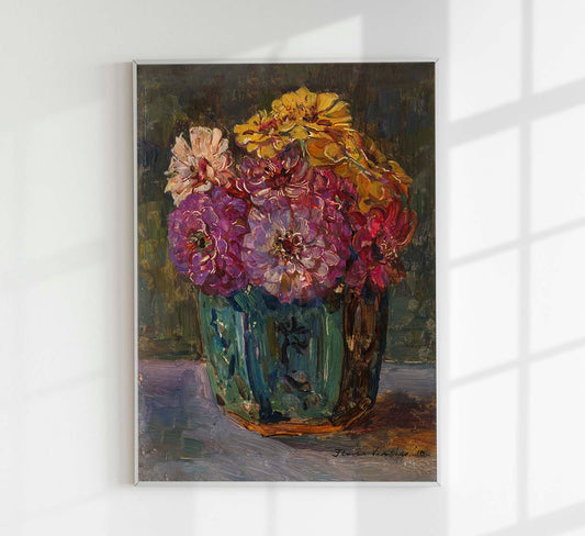 Still Life with Zinnias in a green Jar by Floris Verster Botanical Poster