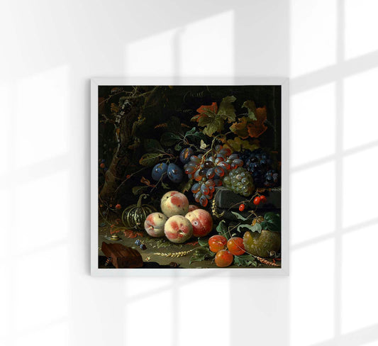 Dutch still life with fruit, foliage, and insects Botanical Squared Print