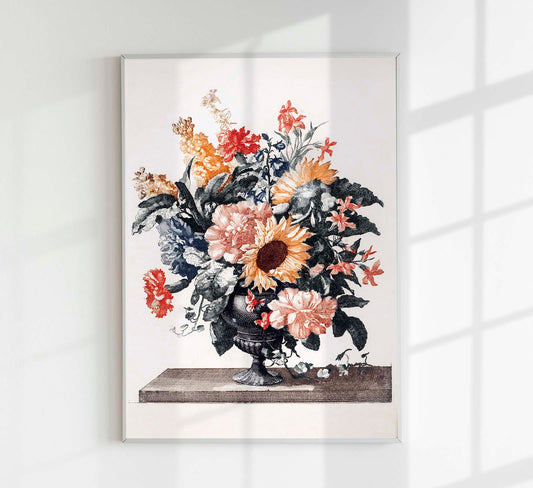 Stone vase with flowers with Sunflowers and Carnations by Johan Teyler  Botanical Poster