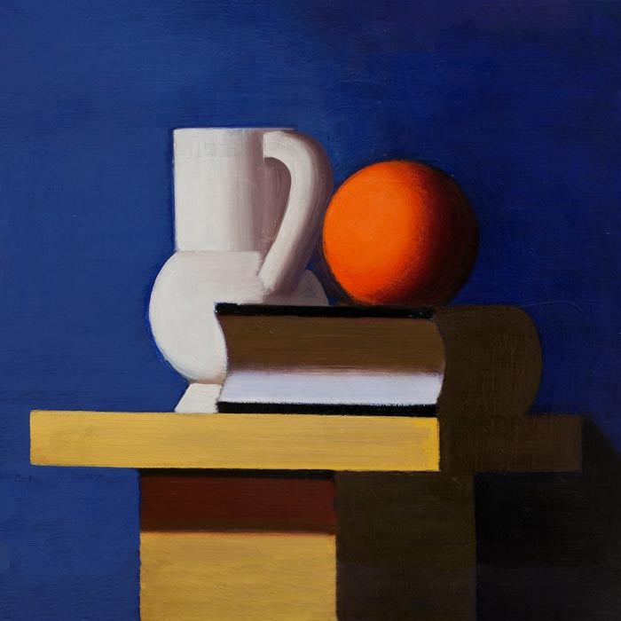 Arrangement with white jug, orange and book by Vilhelm Lundstroem Squared Poster