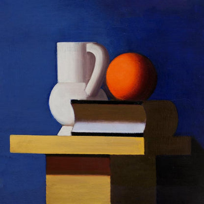 Arrangement with white jug, orange and book by Vilhelm Lundstroem Squared Poster