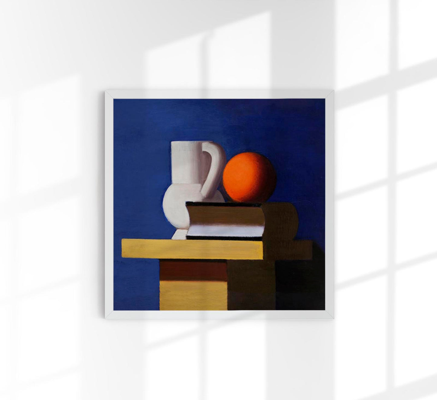 Arrangement with white jug, orange and book by Vilhelm Lundstroem Squared Poster