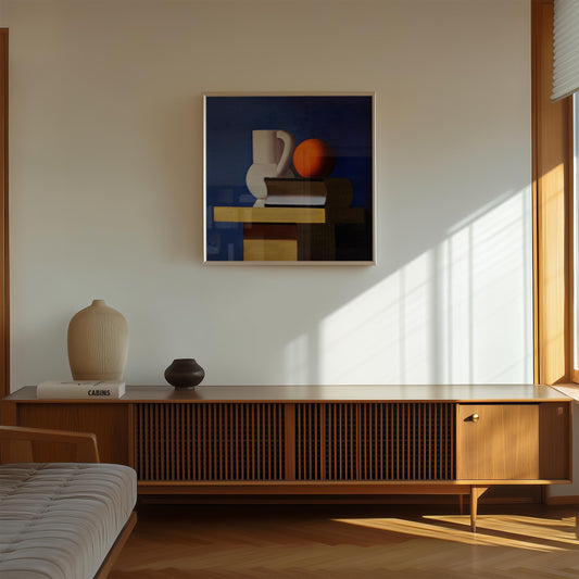 Arrangement with white jug, orange and book by Vilhelm Lundstroem Squared Poster