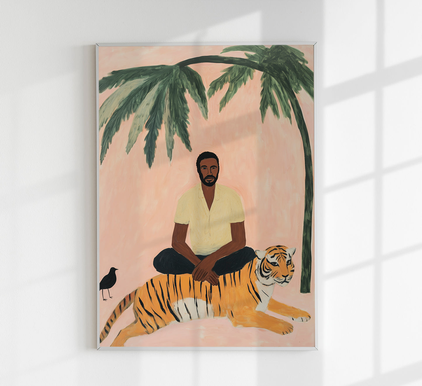 A man, a tiger and a black bird Tropical Art Poster