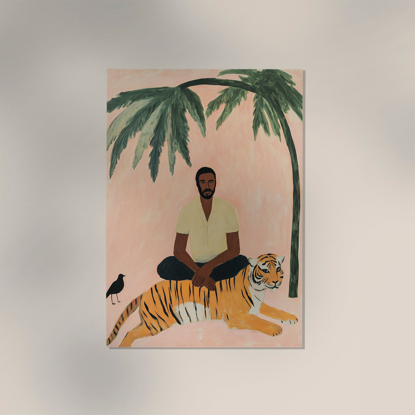 A man, a tiger and a black bird Tropical Art Poster