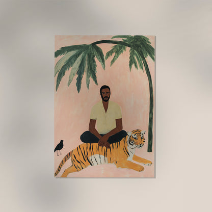 A man, a tiger and a black bird Tropical Art Poster