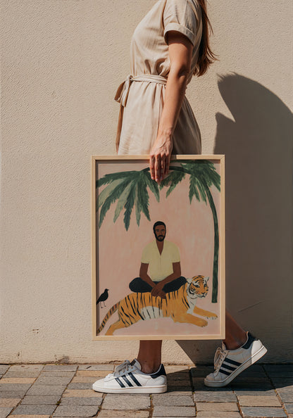 A man, a tiger and a black bird Tropical Art Poster