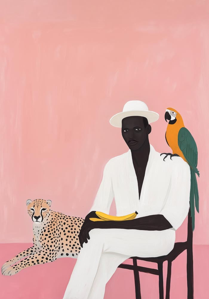 A Man, A Leopoard and a Macaw Tropical Art Poster