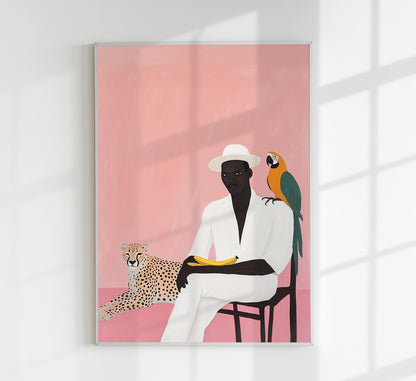 A Man, A Leopoard and a Macaw Tropical Art Poster