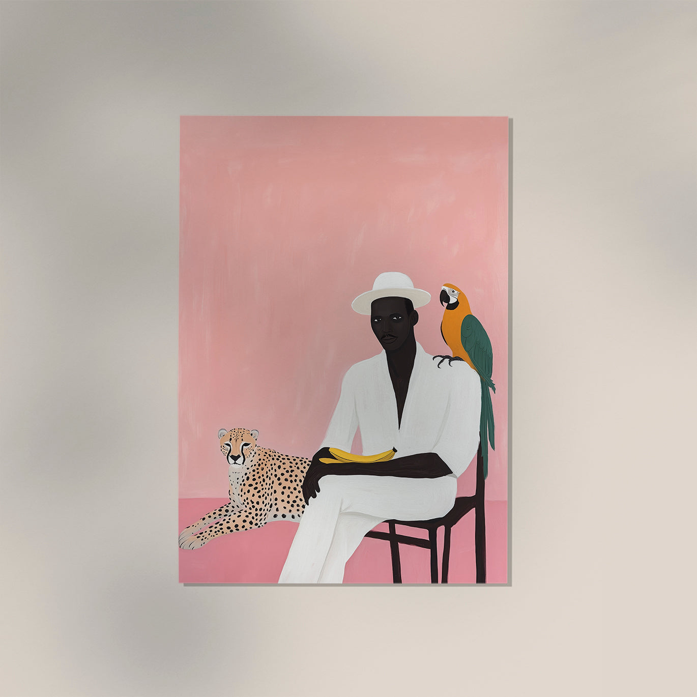 A Man, A Leopoard and a Macaw Tropical Art Poster