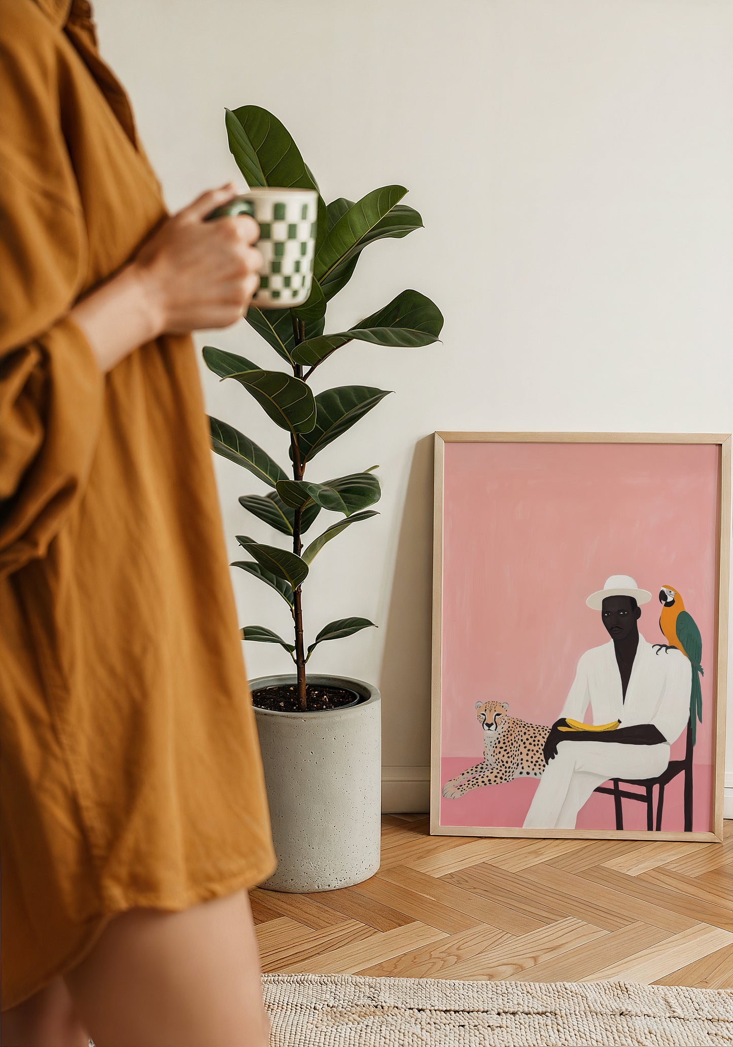 A Man, A Leopoard and a Macaw Tropical Art Poster