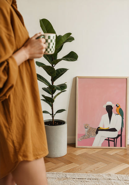 A Man, A Leopoard and a Macaw Tropical Art Poster