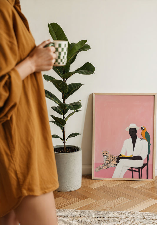 A Man, A Leopoard and a Macaw Tropical Art Poster