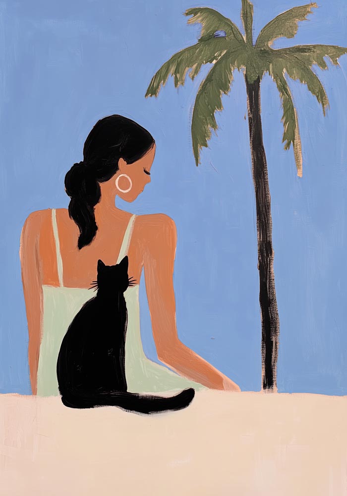 Girl and a Cat Tropical Art Poster
