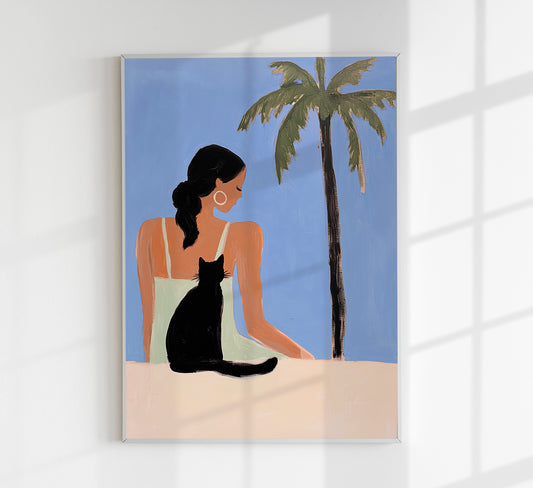 Girl and a Cat Tropical Art Poster