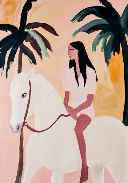 Girl and White Horse Tropical Art Poster
