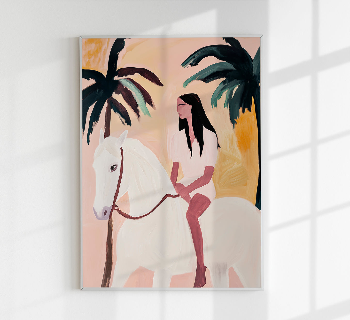 Girl and White Horse Tropical Art Poster
