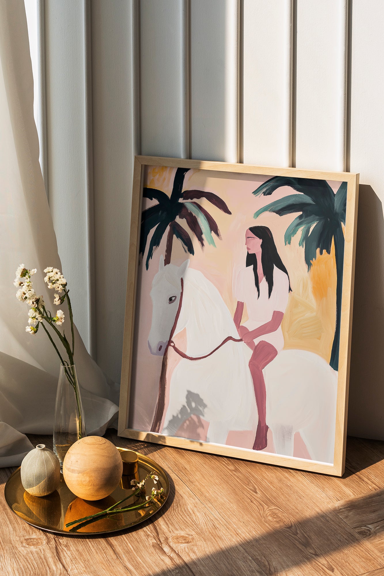 Girl and White Horse Tropical Art Poster