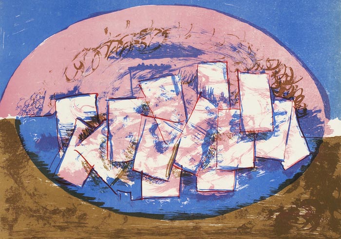 Blue and pink ellipse with squares on brown and blue background by Vilhelm Lundstroem Poster