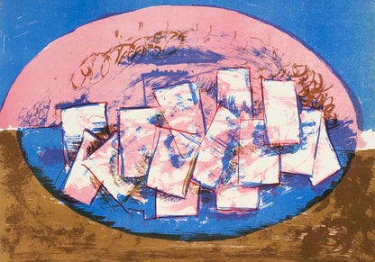 Blue and pink ellipse with squares on brown and blue background by Vilhelm Lundstroem Poster