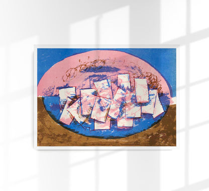 Blue and pink ellipse with squares on brown and blue background by Vilhelm Lundstroem Poster