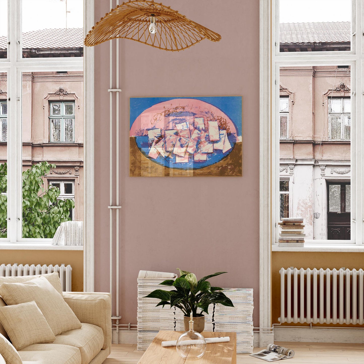 Blue and pink ellipse with squares on brown and blue background by Vilhelm Lundstroem Poster