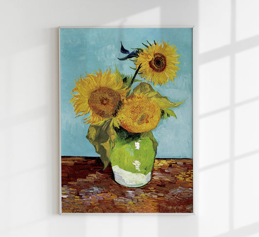 Vase with Three Sunflowers Blue by Van Gogh