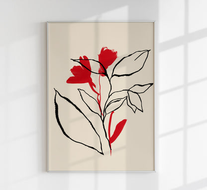 Red and Black lines Botanical Print