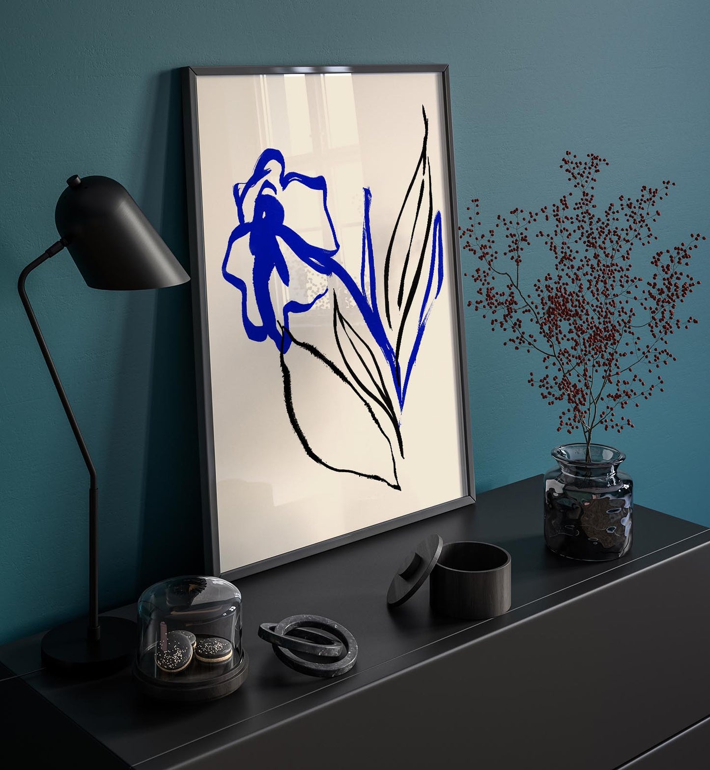 Blue and Black lines Botanical Print