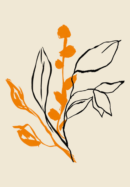 Orange and Black lines Botanical Print