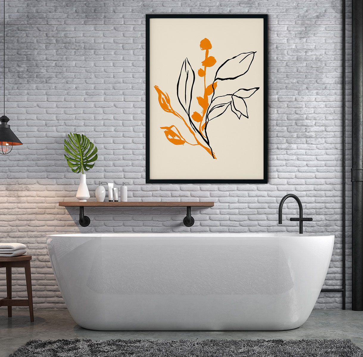 Orange and Black lines Botanical Print
