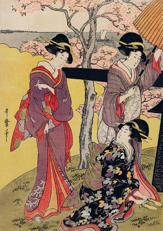 3 Geishas at Cherry Blossom Garden by Utamaro Kitagawa Poster - Kuriosis Vintage Prints