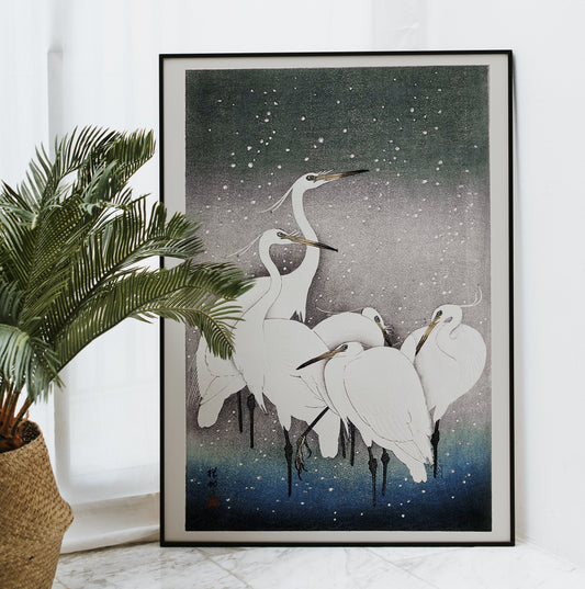 5 White Cranes in the snow by Koson - Kuriosis Vintage Prints